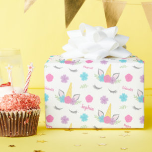 Floral Unicorn Face Birthday Personalized Wrapping Paper