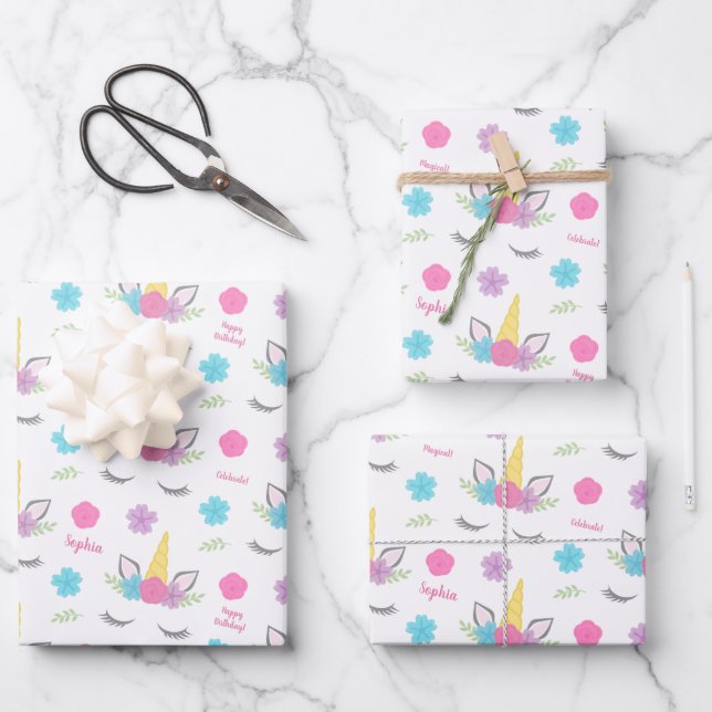 Floral Unicorn Face Birthday Personalized Wrapping Paper Sheet (Front)
