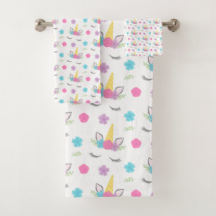 Floral Unicorn Face Pattern Kids Bath Towel Set