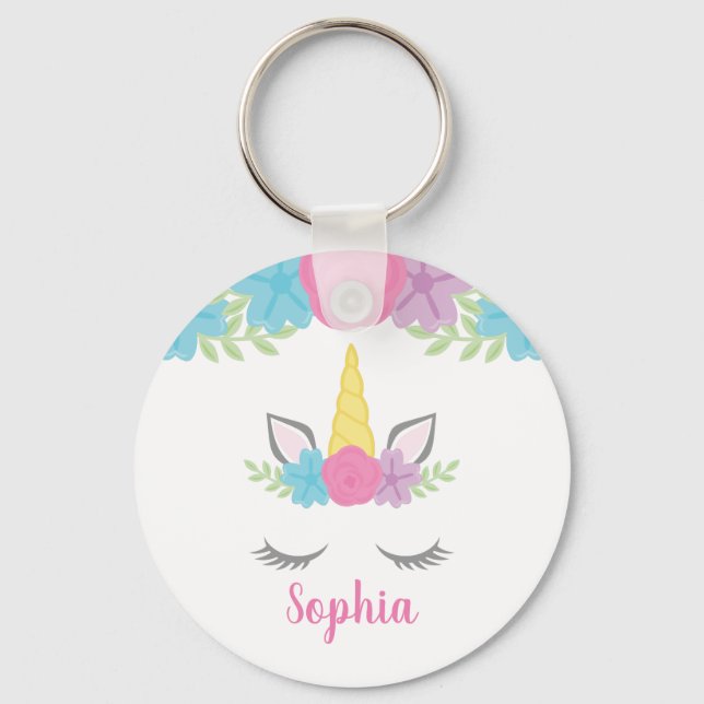 Floral Unicorn Face Personalized Keychain (Front)