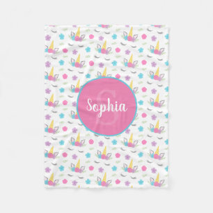 Floral Unicorn Face Personalized Monogram Fleece Blanket