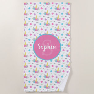 Floral Unicorn Face Personalized Monogram Girl Beach Towel