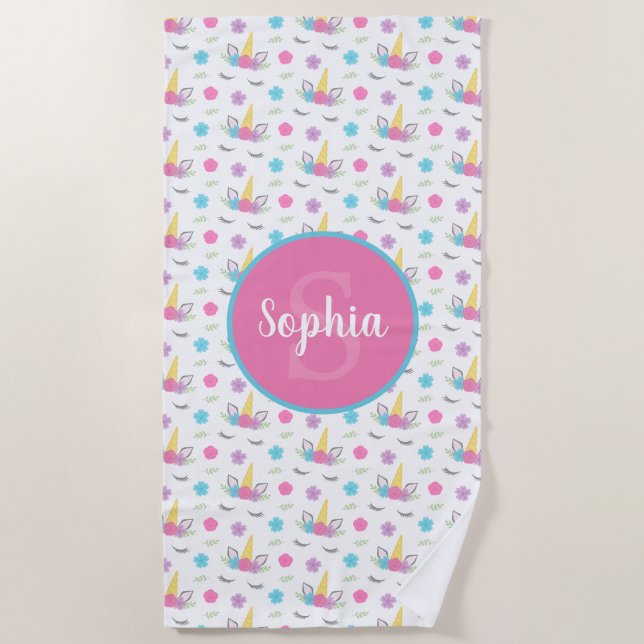 Floral Unicorn Face Personalized Monogram Girl Beach Towel (Front)