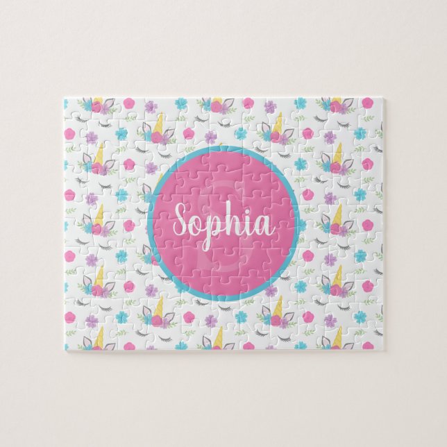 Floral Unicorn Face Personalized Monogram Kids Jigsaw Puzzle (Horizontal)