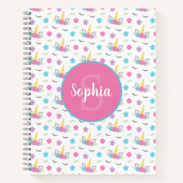 Floral Unicorn Face Personalized Monogram Notebook (Front)