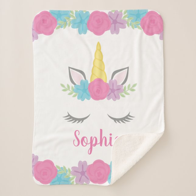Floral Unicorn Face Personalized Sherpa Blanket (Front)