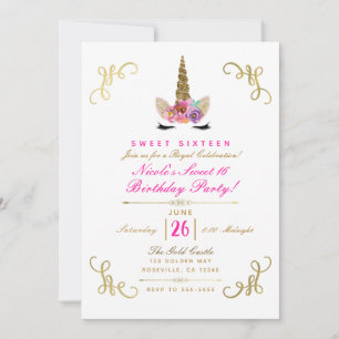 Floral Unicorn Glam Gold Storybook Corners Party Invitation