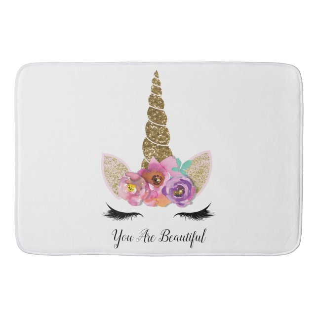 Floral Unicorn Gold Glitter Girly Girls Sparkle Bath Mat (Front)