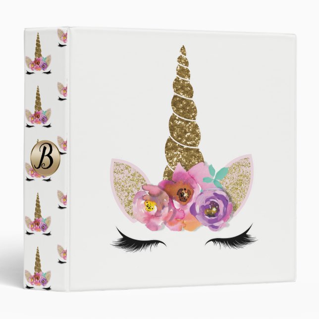 Floral Unicorn Gold Glitter Glam Personalized Binder (Front/Spine)