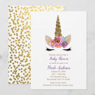 Floral Unicorn Horn Gold Confetti Baby Shower Invitation