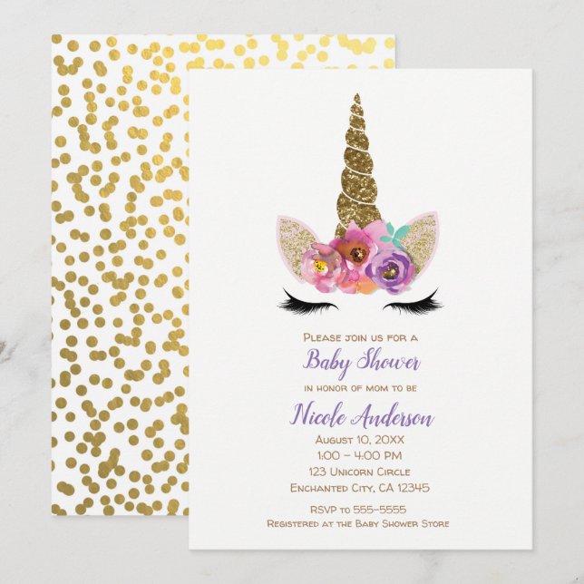 Floral Unicorn Horn Gold Confetti Baby Shower Invitation (Front/Back)
