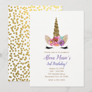 Floral Unicorn Horn Gold Confetti Birthday Party Invitation