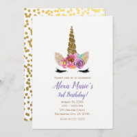 Floral Unicorn Horn Gold Confetti Birthday Party