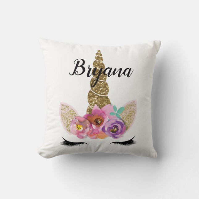 Floral Unicorn Horn Modern Girly Glam Sparkle Throw Pillow (Front)