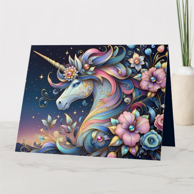 Floral Unicorn Night Fantasy Card (Front)