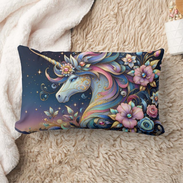 Floral Unicorn Night Fantasy Lumbar Pillow (Blanket)