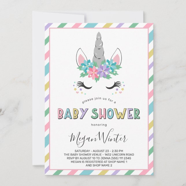 Floral Unicorn Pastel Baby Shower Invitation (Front)