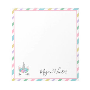 Floral Unicorn Pastel Stripes - Add Your Name Notepad