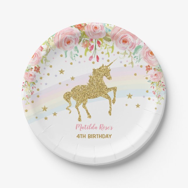 Floral Unicorn Pink Gold Rainbow Birthday 7" Plate (Front)
