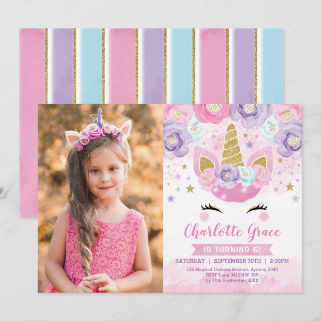 Floral Unicorn Pink Purple Blue Rainbow Birthday Invitation (Front/Back)