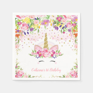 Floral Unicorn Pink Rainbow Birthday Paper Napkin