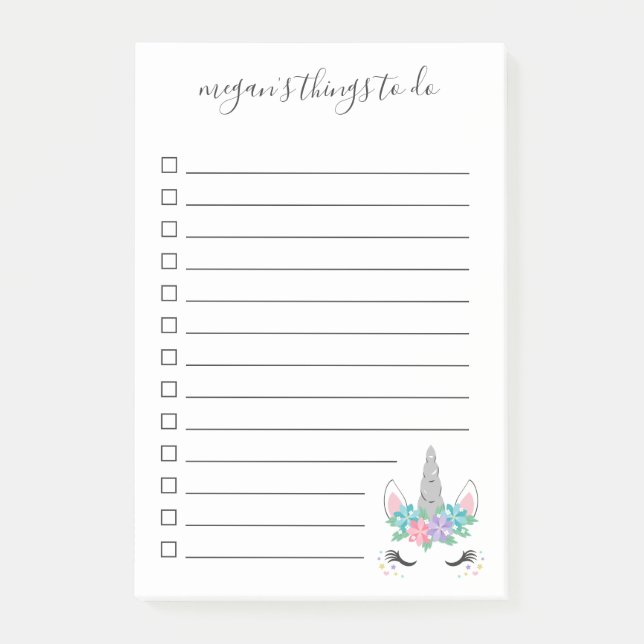 Floral Unicorn Practical Checkbox Things To Do Post-it Notes (Front)