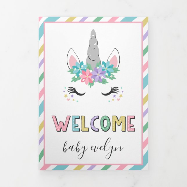 Floral Unicorn Welcome Baby Tri-Fold Announcement (Cover)