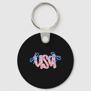 Floral Usa Coquette Bow 4th Of July America  Keychain