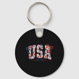 Floral Usa Coquette Bow Patriotic 4th Of July Amer Keychain