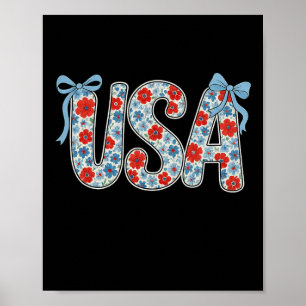 Floral Usa Coquette Bow Patriotic 4th Of July Woma Poster