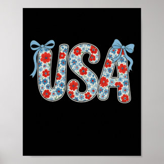 Floral Usa Coquette Bow Patriotic 4th Of July Woma Poster