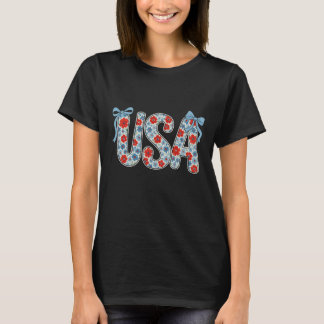Floral Usa Coquette Bow Patriotic 4th Of July Woma T-Shirt