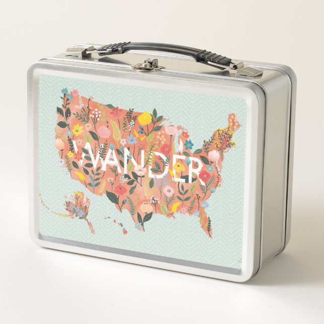 Floral USA Map - Wild Garden Metal Lunch Box (Front)