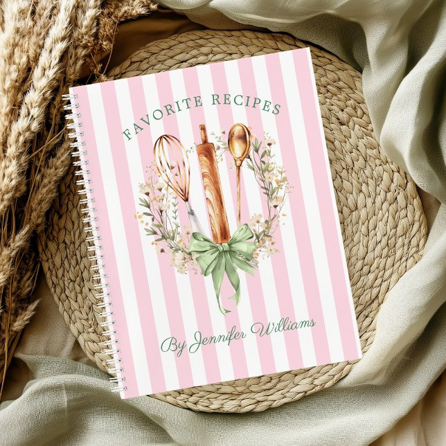 Floral Utensils Cooking Bakery Recipe Notebook (Pink Stripe Floral Utensils cooking Favorite Recipes notebook)