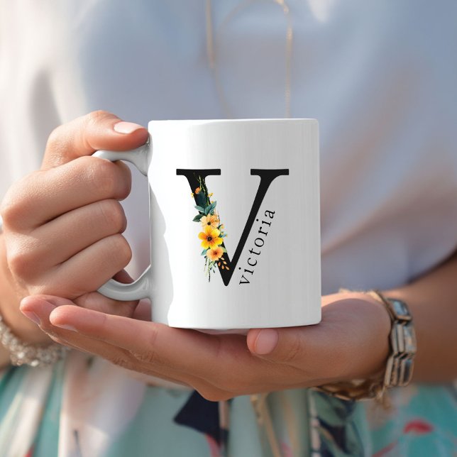 Floral V Monogram Mug with Editable Name (Floral V Monogram Mug with Editable Name. Yellow, Orange & Greenery Watercolor Flowers.)