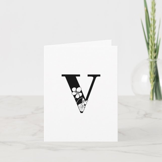 Floral V Monogram On White Note Card (Front)