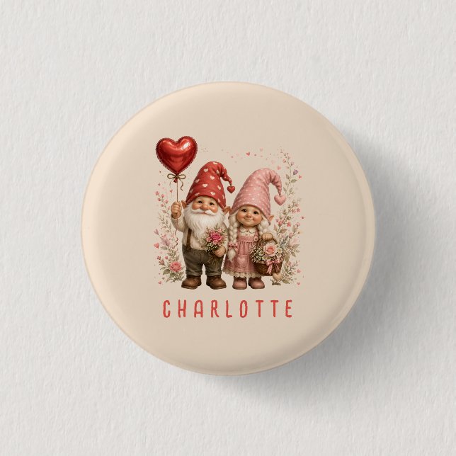 Floral Valentine Gnomes Custom 1 Inch Round Button (Front)