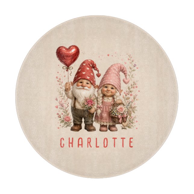 Floral Valentine Gnomes Custom Cutting Board (Front)