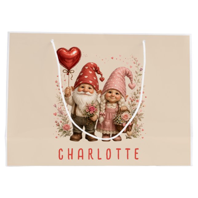 Floral Valentine Gnomes Custom Large Gift Bag (Back)