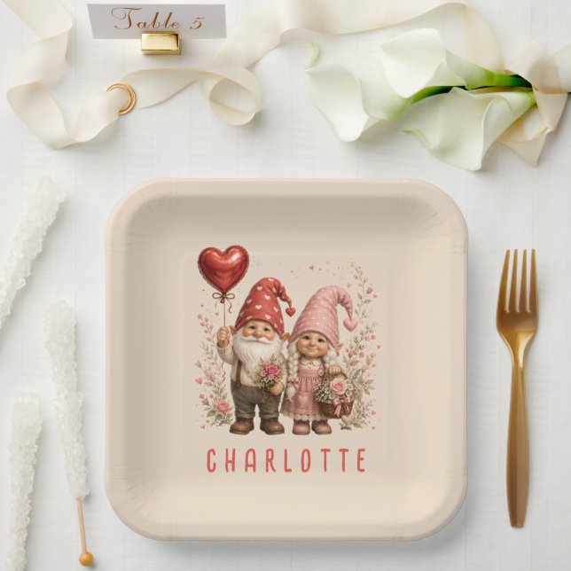 Floral Valentine Gnomes Custom Paper Plate (Wedding)