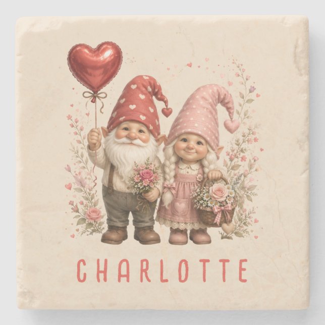 Floral Valentine Gnomes Custom Stone Coaster (Front)