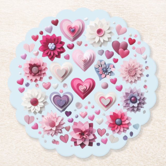 Floral Valentine's Day Heart Paper Coaster (Front)