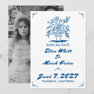 Floral Vase Rustic Whimsical Sketch Blue Photo Save The Date