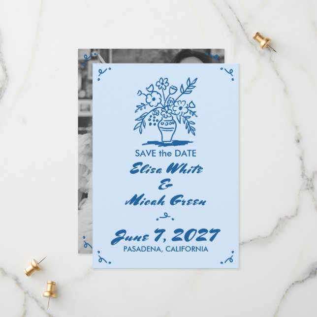 Floral Vase Rustic Whimsical Sketch Blue Photo Save The Date (Front/Back In Situ)