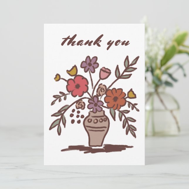 Floral Vase Rustic Whimsical Sketch Neutral Colour Thank You Card (Standing Front)