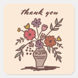 Floral Vase Rustic Whimsical Sketch Thank You Square Sticker