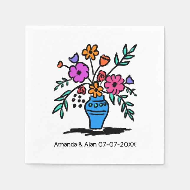 Floral Vase Sketch CUSTOM Wedding Engagement Napkin (Front)