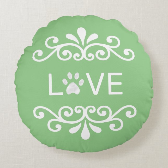 Floral vector & love pet paw on lime green round pillow (Front)