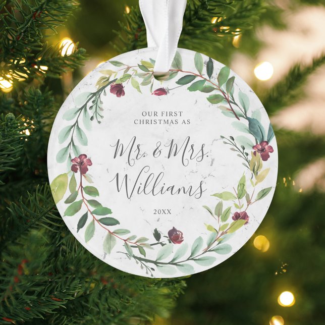 Floral Verdure Wreath Marbre Notre premier Noël (Créateur téléchargé)