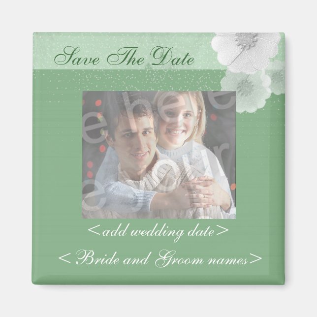 Floral Vert Et Blanc Économisez La Date Magnet Pho (Devant)